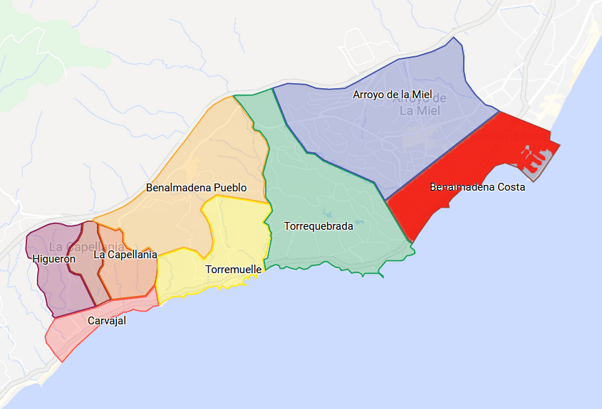 Map showing area where apartments are on sale in Benalmadena Costa