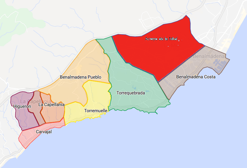 Map showing area of penthouses for sale in Benalmadena within Arroyo de la Miel