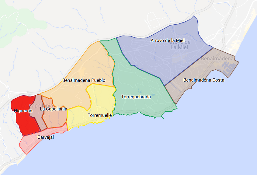 Map showing Penthouses for sale in Benalmadena Higueron area
