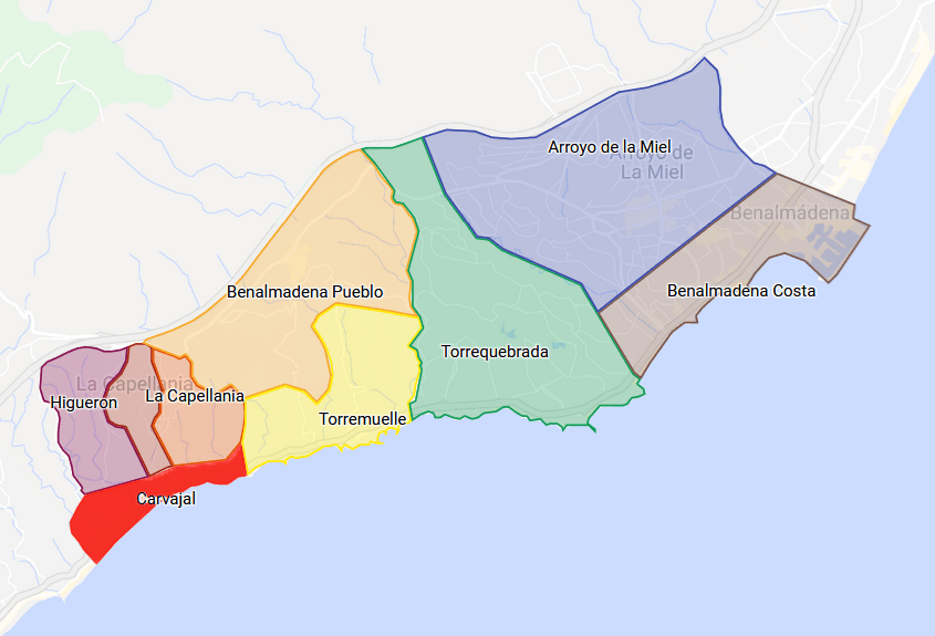 Map showing area of penthouses on sale in Benalmadena within Carvajal